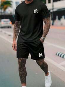 New York City NY 2-Piece Set - Men's 100% Cotton T-Shirt + Lightweight Comfortable Tactel Shorts - Men's Streetwear Fashion - New Arrival - Immediate Shipping - 黑色 - 查看 2