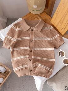 Boys' Casual Striped Hollow Out Collar Short Sleeve Thin Knit Sweater, Suitable For School, Daily Wear In Spring, Summer And Autumn - 卡其色 - 查看 2