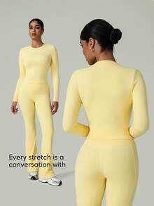 两件套女士健身服，秋季圆领修身高弹长袖瑜伽上衣和高腰喇叭瑜伽裤，带口袋 - 黃色 - 查看 1