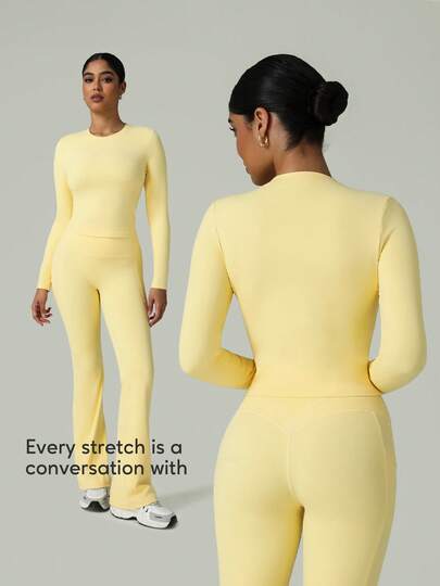 2pcs/Set Women Fitness Outfit, Autumn Round Neck Slim Fit High Stretch Long Sleeve Yoga Top And High Waist Flare Yoga Pants With Pockets
