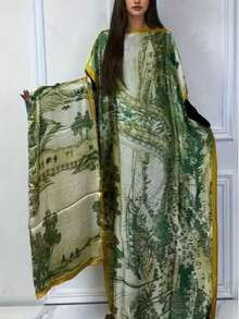 1 Set Vestido y pañuelo de cabeza de traje de baño de seda sintética con estampado de moda, adecuado para playa, vacaciones, abaya, hiyab, kaftan modesto de primavera - Verde - Ver 14