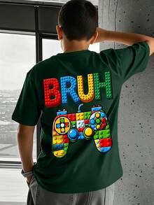 Camiseta de manga corta con cuello redondo y estampado de "BRUH" y control de juegos para niños, nueva ropa de primavera/verano para niños - Verde Oscuro - Ver 1