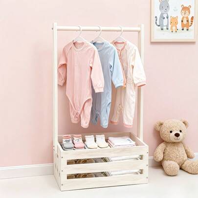 1 pieza Caja de almacenamiento de madera vintage para recién nacidos, organizador de ropa para recién nacidos, estantería de almacenamiento de juguetes, organizador de artículos de tocador, perchero de ropa de madera, cesta de almacenamiento de madera maciza para el hogar, adecuada como regalo de bienvenida para bebés, decoración de fiesta de baño para bebés