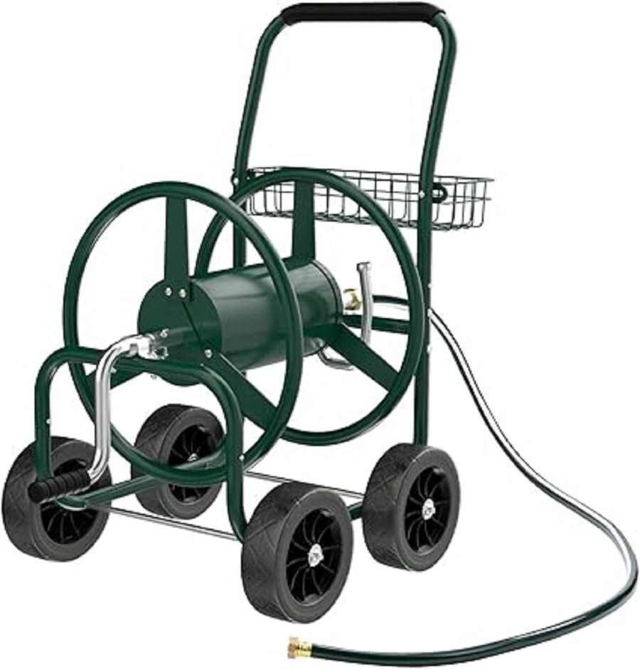 4-Wheel Garden Hose Reel Cart With Storage Basket, Portable Residential Hose Reel Cart, Lawn Watering, For Garden Backyard And Farm (Green 250FT) - B - 查看 1
