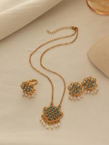 1 Set Cute 18K Gold Plated Copper Alloy Pearl Tassel Blue Stone Inlaid Earrings, Ring, Necklace Jewelry Set, Suitable For Women's Daily Wear - Yellow Gold - View 2