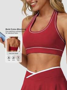 Sodalemon Women's Contrast Color Yoga Sports Bra, Padded, Racerback Design, Activewear Fitness Workout Bra Spring - Red - View 2