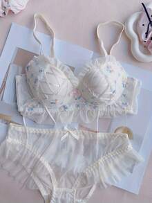 Embroidered Floral Bow Knot Bra And Panty Set For Women, Non Wired Fixed Padding Lingerie, Cute Japanese Style Everyday Intimates, Solve Unstable Pad Poor Support - Màu be - Xem 7
