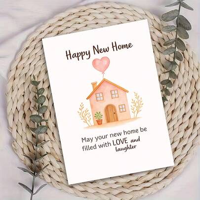 乔迁新居贺卡 – “乔迁新居快乐，愿您的新家充满爱与欢笑” – 水彩房屋插画 – 含信封 – 完美表达对亲朋好友乔迁新居的温馨祝福