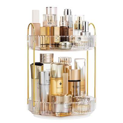 Organizador de maquillaje dorado giratorio de 360°, organizador de perfumes y cuidado de la piel de gran capacidad de 2 niveles, almacenamiento de cosméticos de baño para encimera regalos de Navidad