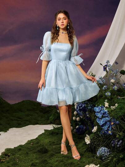 Faeriesty Vestido de gasa con mangas tipo volcán, elegante y romántico, con diseño de cuello cuadrado grácil, decoración de moño en la espalda, adecuado para fiestas de jardín de primavera/verano y salidas casuales