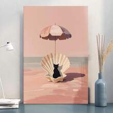 1pc Framed Canvas Wall Art Prints Poster, Black Cat Wall Art Coastal Surreal Cat Painting Art Posters Canvas Print Painting For Living Room Bedroom Office Bathroom Dorm Home Decor, Ready To Hang - Painting - 查看 2