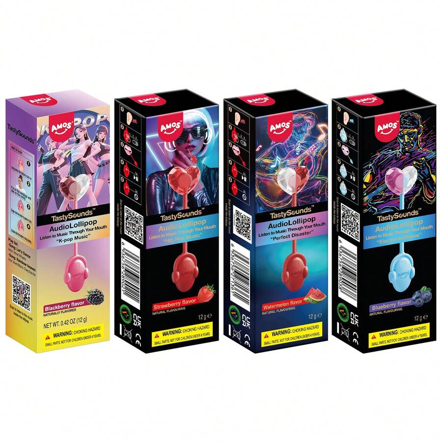 AMOS TastySounds Sugar Free 4PCS Natural Fruit (Strawberry&Blueberry&Black-Berry&Watermelon) Flavor Music Lollipop Candy - Individually Wrapped Perfect Party Gift - 4 PCS-(Strawberry&Blueberry&Black-berry&Watermelon) - 查看 1