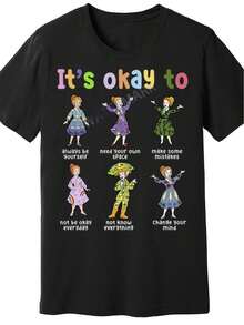 Women's Magic School Bus And "It's Okay" Back Print T-Shirt - 100ml Pure Cotton Casual Crew Neck Shirt. The Magic School Bus Pattern Is Suitable For Everyday Wear During School Activities. Machine Washable. - Black - View 1