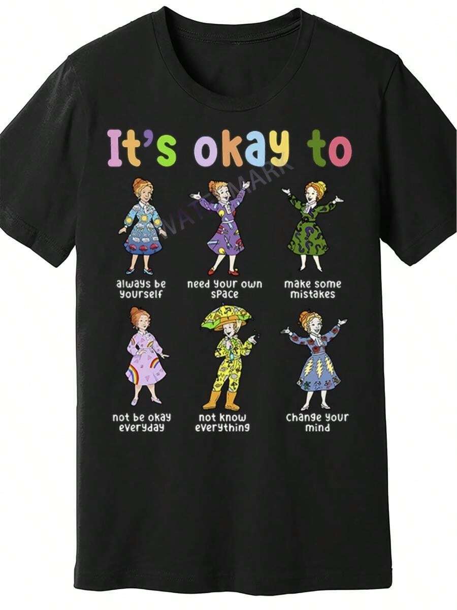 Women's Magic School Bus And "It's Okay" Back Print T-Shirt - 100ml Pure Cotton Casual Crew Neck Shirt. The Magic School Bus Pattern Is Suitable For Everyday Wear During School Activities. Machine Washable. - Black - View 1