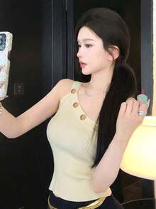 New Knitted Camisole Top, Asymmetrical Fitted Sexy Spaghetti Strap Blouse, Spring/Summer - Apricot - View 3