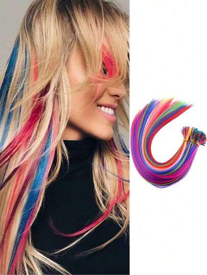 10件套混色羽毛发饰，16英寸彩虹色合成假发，配有长款彩色羽毛、珠子和圆环，适合女性和女孩DIY，适用于节日和派对。