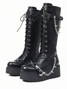 Goth Platform Boots For Women Back To School Punk Motorcycle Boots Mid Calf Round Toe Boots Back Zip Wedges Fall Boots - Đen 2 - Xem 10