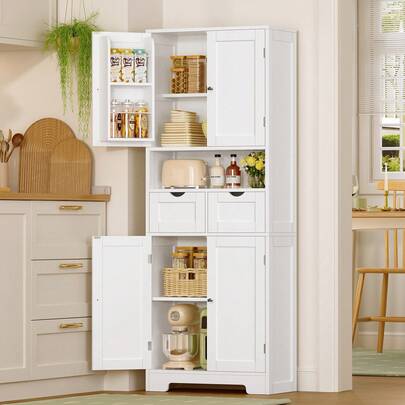 Despensa de cocina con estante ajustable, armario alto de almacenamiento con 2 cajones y 4 estantes en la puerta, ideal para cocina, comedor y sala de estar, color blanco.