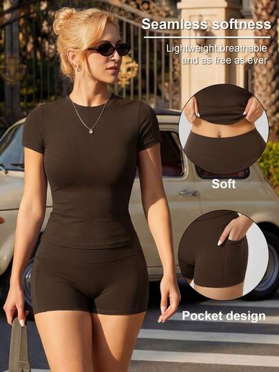 Women's Fashion Round Neck Short Sleeve T-Shirt And Side Pocket Sports Shorts Set