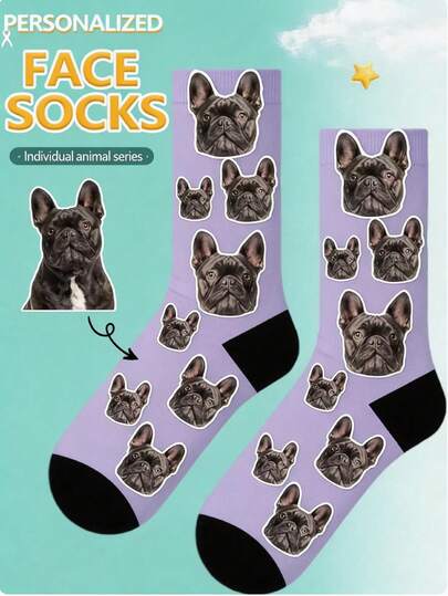 1 par de calcetines casuales cómodos con retrato personalizado de Bulldog Francés impreso en azul-verde y negro, adecuados para uso diario y como regalo para amantes de las mascotas