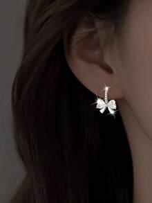 1 par de pendientes elegantes de lazo de plata de ley 925, incrustados con circonita cúbica sintética brillante, adecuados para novias, decoración de fiestas, joyería exquisita, también un excelente regalo de cumpleaños para mujeres y hombres - Multicolor - Ver 10