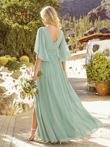 EVERPRETTY 优雅露肩荷叶袖V领高腰修身雪纺鼠尾草绿伴娘礼服，适合婚礼、度假和毕业典礼等场合。 - 薄荷綠 - 查看 8