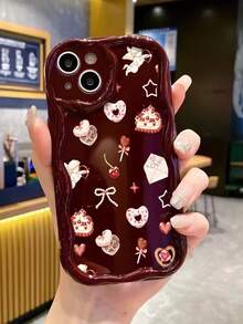 Cake Cream Wavy Edge Burgundy Minimalist Shockproof Thick Phone Protective Case With Printed Design, Suitable For IPhone 17/17 Pro/17 Pro Max, 16 XR/7/8, 15 Pro Max, 12 Pro Max, 13 Pro Max, 14 Pro Max, 13, 14, 11, 12, P11, P12, XS, XR, 7/8 Plus, 7/8 GES2 - Multicolor - View 3