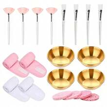 2/3/4/5/10/20 Pcs Esthetician Facial Care Tool Set, Multiple Combinations Available, Home Care, Travel Portable Face Mask Applicator Kit Includes 4 Rose Gold Face Mixing Bowls, 4 Fan-Shaped Face Mask Brushes, 4 Flat Head Brushes, 4 Compressed Sponges And 4 Headbands, Suitable As Spa Party Favors Or Face Masking Set - Multicolor - View 2