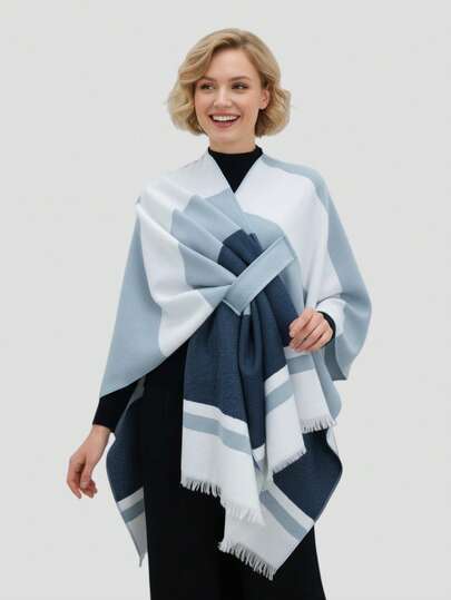 1pc Women Cape Classic Elegant Striped Colorblock Pattern Windproof Buckle Shawl Coat, Fall/Winter Accessories Women,Suitable For Outdoor,Date,Gifts