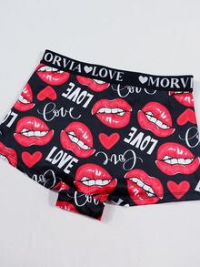 Dircho 3条装女士心形和玫瑰嘴唇印花撞色包边平角内裤，舒适柔软丝滑弹力腰带贴身内裤，女士内衣裤 - 彩色 - 查看 2