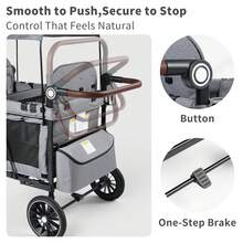 Kinder King Wagon Stroller For 4 Kids, All-Terrain Foldable Outdoor Stroller Wagon 4 Seater, Removable Canopy, Adjustable Handle, Shock-Absorbing Wheel, Detachable Tray, Large Storage, Gray - Xám - Xem 6