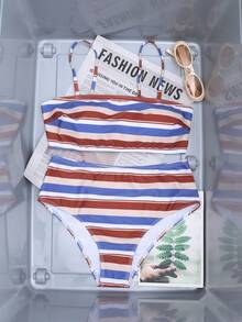 Conjunto de bikini de rayas casual de verano para playa y vacaciones - Marrón - Ver 4