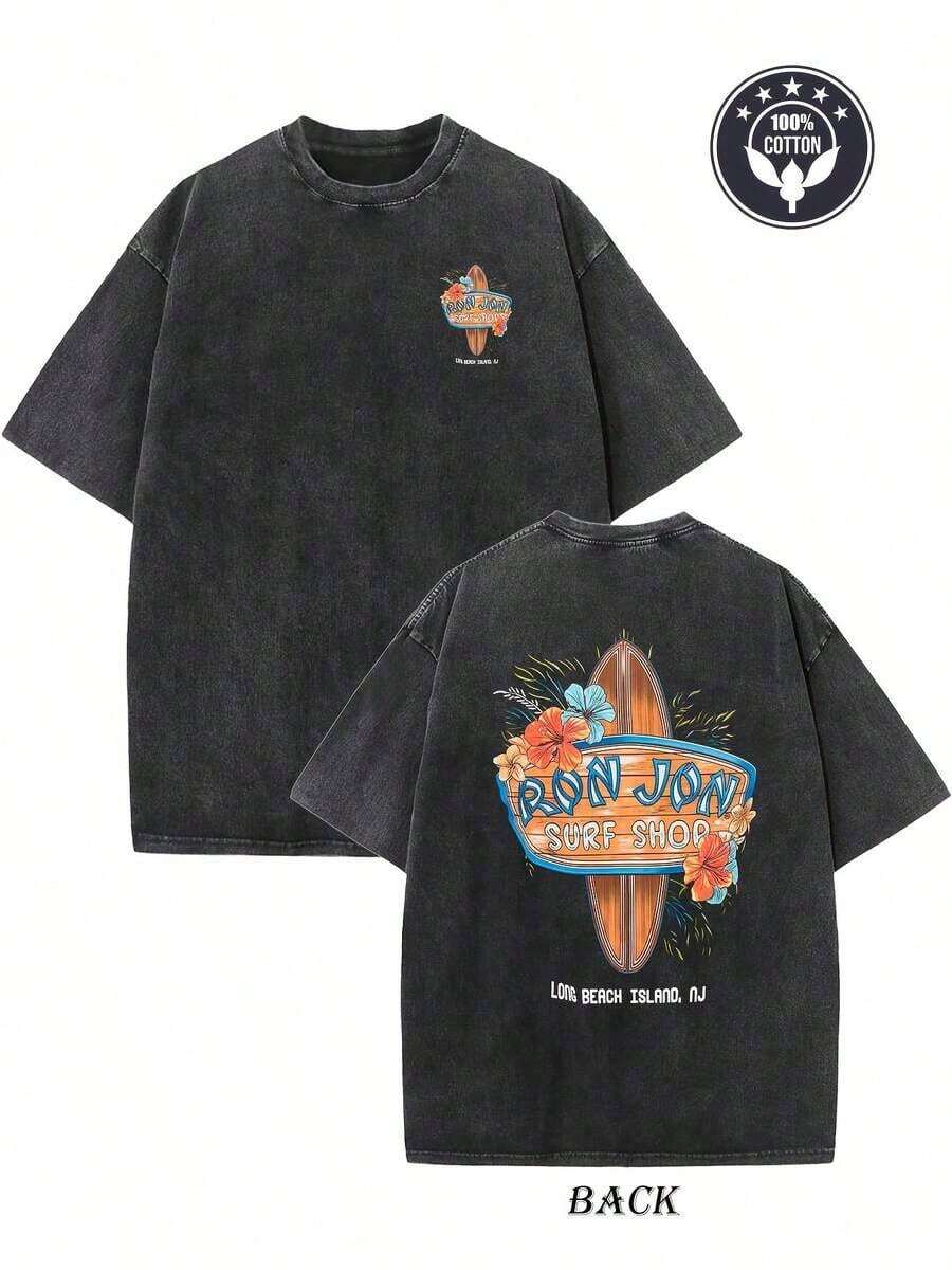 Surf Shop Floral And Surfboard Graphic Black Short Sleeve Tee,Fashion Street Pattern Short-Sleeve Pure Cotton Double-Sided Washed T-Shirt100% Pure Cotton - 黑色 - 查看 1