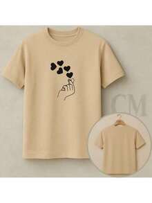 Women's Plus Size T-Shirt, 100% Cotton, Printed Finger Heart Design, Korean Drama/Kpop Style, Basic Premium Style, Round Neck, Short Sleeve, Casual Streetwear/Gym, Comfortable, Sizes G1 To G5 - 米色 - 查看 3