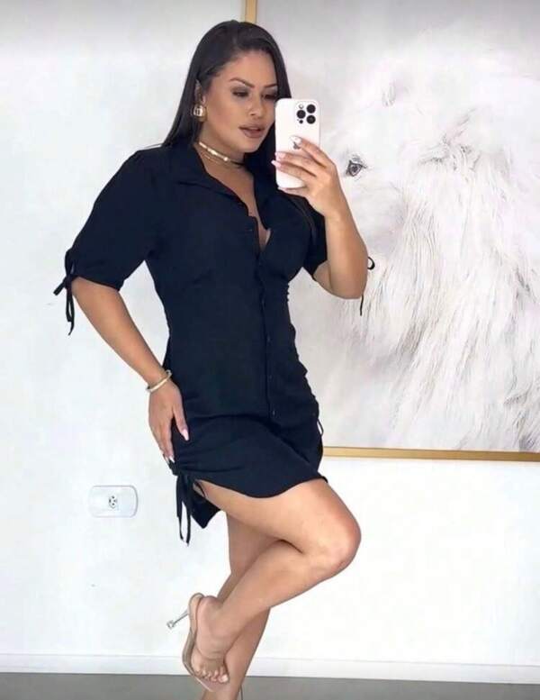 CHAMISE VESTIDO FEMININO SOLTO COM BOTOES COM CORDAO AJUSTAVEL   Casual    Bolso  Nó  Botão