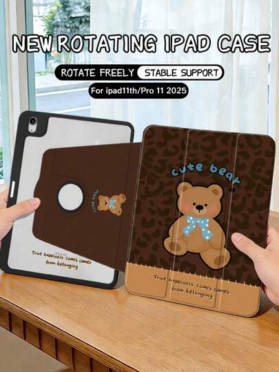 Cartoon Leopard Print Bear Pattern, Rotating Anti-Leakage Lid, Tri-Fold Flat Protective Case, Suitable For 10th/11th Gen And 11-Inch Pro (2025 Model), Supports Auto Wake/Sleep Function, Provides Multi-Angle Support. This Protective Case Is Very Suitable As A Ramadan Gift, And It Is A Non-Magnetic Protective Case.
