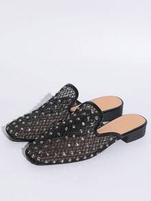 2026新款女士网眼拖鞋，水晶粗跟法式亮黑色方头透气一脚蹬穆勒鞋 - 黑色 - 查看 10