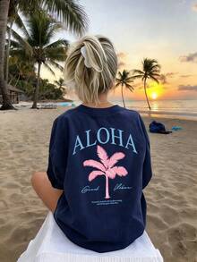 Summer Women's Basic Loose Fit Crew Neck T-Shirt Short Sleeve Casual All Match Daily Wear Top - Navy Blue - View 5