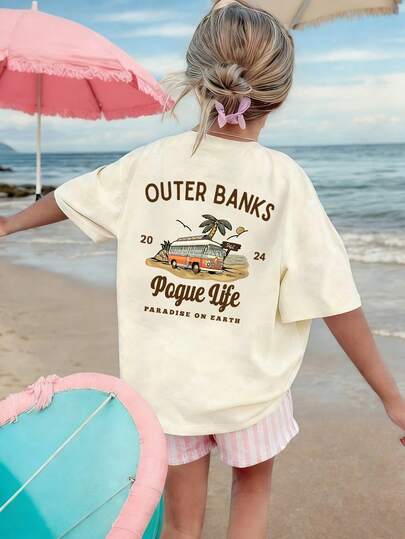 Girls' Casual Printed Round Neck Short Sleeve T-Shirt, Suitable For Summer Student And Children Wear - Comfortable Life Bus Tree Series Artistic Style T-Shirt, Inspiring Imagination And Self-Expression