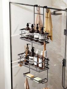 1pc No Drill Black Double-Layer Metal Bathroom Wall Basket, Rust-Proof Towel & Toiletry Storage Rack - Double Layer - View 3