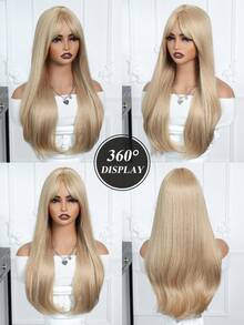26 Inch Women Light Golden Long Straight Wig With Bangs, Heat Resistant Synthetic Fiber Machine Woven Full Wig, Suitable For Daily Wear And Dates - Gold - View 6