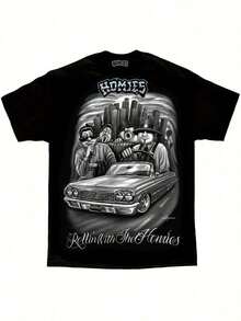 Plus Size Men Retro Graphic Print T-Shirt Rollin With The Homies Design Black Crew Neck Tee With Vintage Car Cartoon Characters Casual Short Sleeve Top For Casual Attire Parties Beach Sports Size L-3XL 4XL 5XL - màu đen - Xem 1