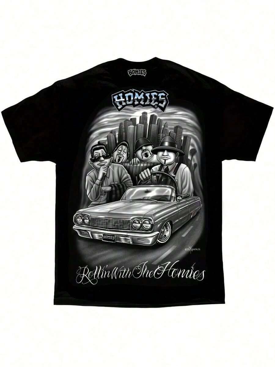 Plus Size Men Retro Graphic Print T-Shirt Rollin With The Homies Design Black Crew Neck Tee With Vintage Car Cartoon Characters Casual Short Sleeve Top For Casual Attire Parties Beach Sports Size L-3XL 4XL 5XL - màu đen - Xem 1