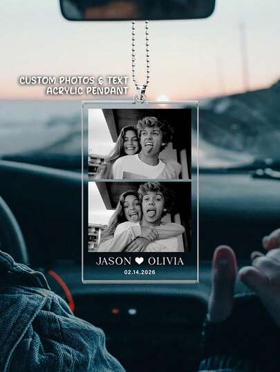 Ornement de voiture en acrylique avec photo personnalisée : Accessoires de voiture suspendus avec photo de couple personnalisée, cadeau de la Saint-Valentin pour lui