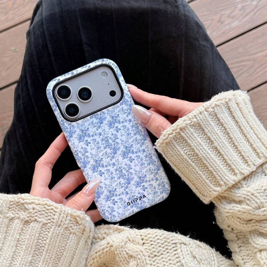 Blue Flowers On White Background Two-In-One Matte Texture Phone Case Suitable For Compatible With Iphone16, 15, 14, 13, 12, 11, PRO MAX,PLUS - Blue - View 1