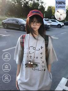 Women's Heather Grey Oversized Graphic Tee Aesthetic Abstract Symbol Print T-Shirt Loose Fit Drop Shoulder Casual Streetwear Top Harajuku Style Summer - Light Gray - View 2