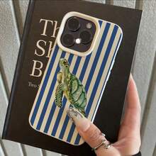 1pc TPU Material Deep Blue White Striped Green Sea Turtle Pattern Phone Case Suitable Compatible With Apple 17 Pro Max/17/16 Pro Max/15/13/12/11, S20 FE/A15/S24/A55, Note 11/Note 12/Note 13 Pro, Full Coverage Anti-Drop Soft Protective Phone Case - White - View 2