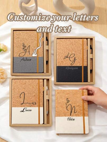 1 Set Personalized Custom Notebook Set, Alphabet Custom Notebook Set, Notebook Set, Initial Floral Customization, Office Supplies, Business Notebook Set Customization, Cork Texture Stitched Notebook, Desk Accessories, Suitable For Business Gift Customization, Wedding Favor Customization, Study Supplies, Gift Customization, Back-To-School Season Gifts, Graduation Season Gift Customization, Perfect Gift, Custom Gift, His/Her Gift, Back-To-School Season, Return-To-School Season Gifts