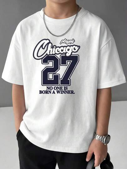 1pc Boys' Summer Retro Street Style Short Sleeve T-Shirt, New Arrival Loose Fit White Tee With Letter & Number Print, Fashionable & Cool
