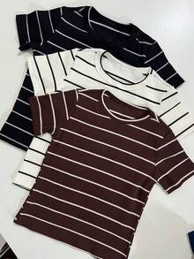 Women's Ribbed Cotton Striped Basic Two-Tone T-Shirt - Casual Autumn/Winter/Summer American Style - 條紋棕色 - 查看 5